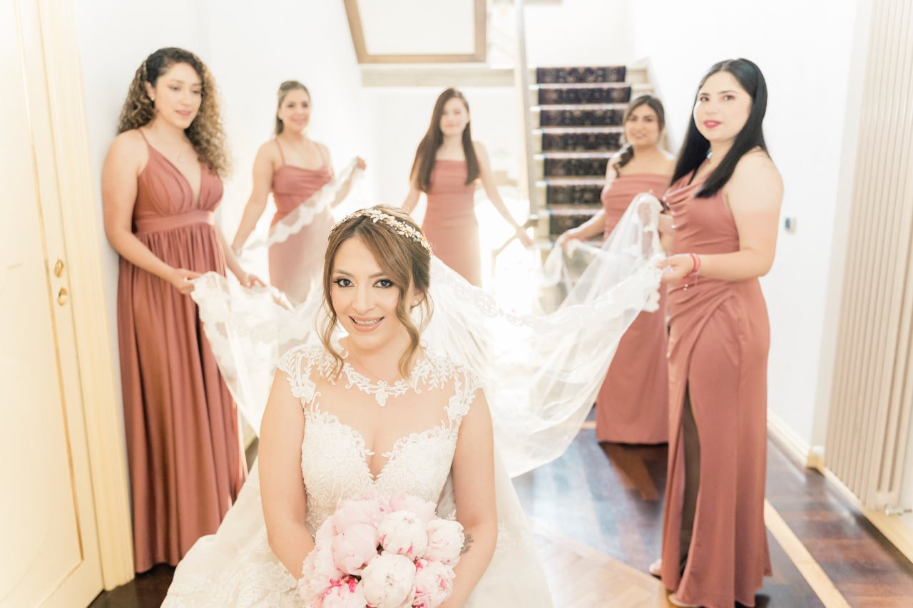 bride preparation with bridesmaids